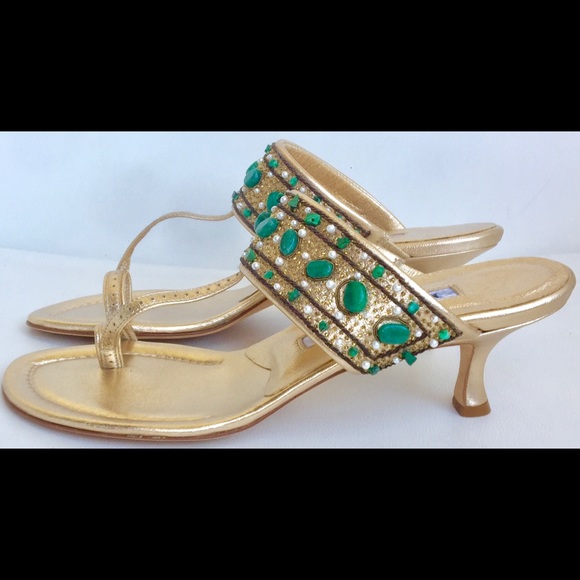 MANOLO BLAHNIK 🥰HP🥰 6.5 7 SHOE SANDAL MALACHITE - Picture 2 of 7